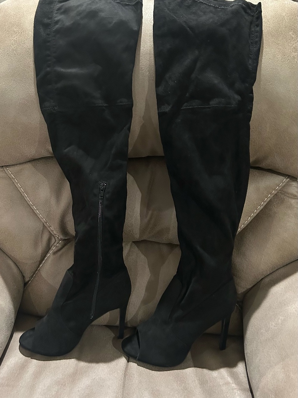 Black Over-the-Knee Peep-Toe Stiletto Boots - Sleek Stretch Shaft